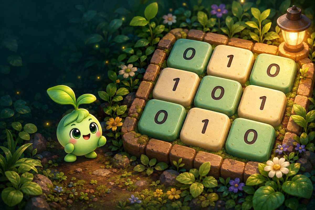 A lantern-lit garden with a binary tile puzzle